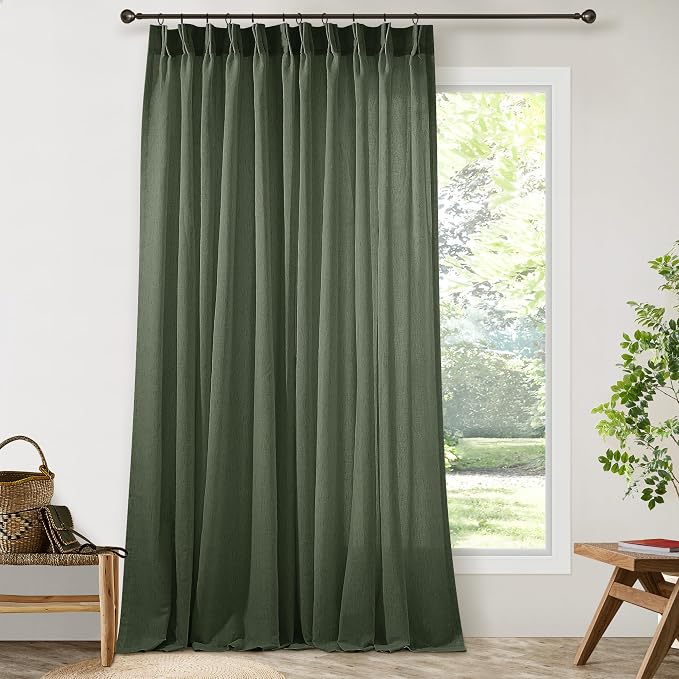 Extra Wide 72 x 96 Inch Length Linen Curtains Olive Green Semi Sheer | Light Filtering, Pinch Pleated Drapes, with Hooks Rings, for Living Room Patio Sliding Door Window, Divider, 8Ft, 1 Panel