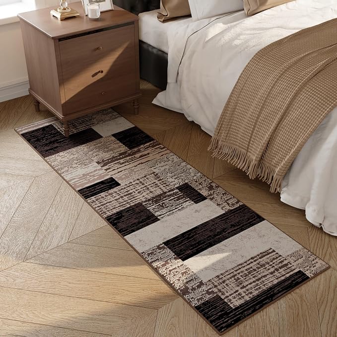 FlyDOIT Modern Geometric Patchwork Area Rug, 2x6 Chocolate Runner Rugs for Living Room, Rockwood Collection Indoor Rugs for Bedroom, Throw Carpet Floor Decor for Entryway Dining Room Office Nursery