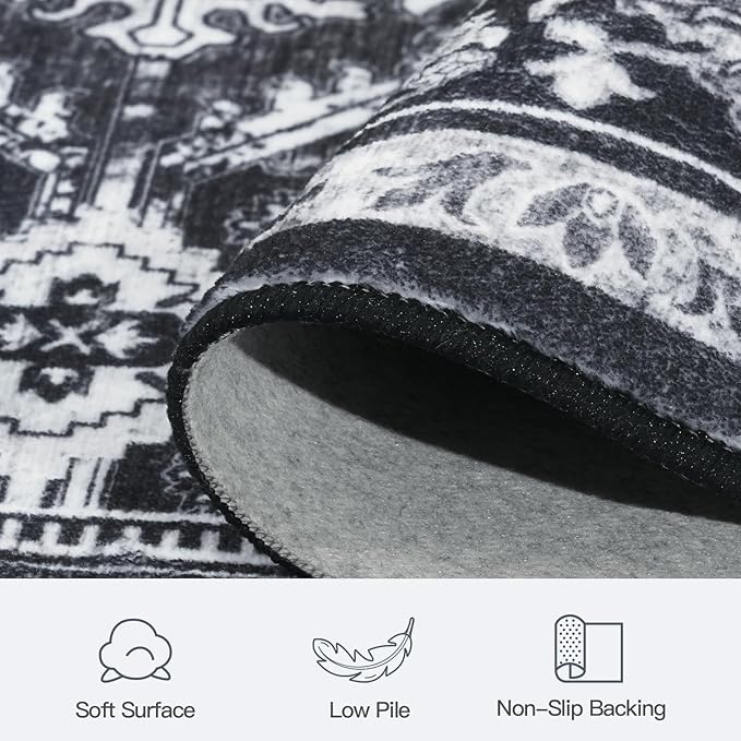 Lofus 9x12 Area Rug for Living Room,Black Washable Area Rugs with Non-Slip Backing,Soft Boho Carpets for Bedroom Dining Room Home Office Indoor Nursery