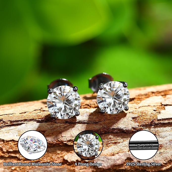 Moissanite Stud Earrings : 18K White Gold Plated Solid 925 Sterling Silver Earring Hypoallergenic Dainty Flat Back Stud Earrings Jewelry for Women Men D Color VVS1 Clarity