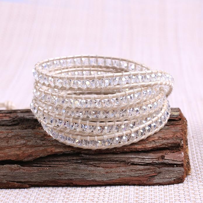 KELITCH Pearl Crystal Beads Bracelets Handmade Natural Leather 5 Wrap Bracelet for Women Classic Bangle Jewelry