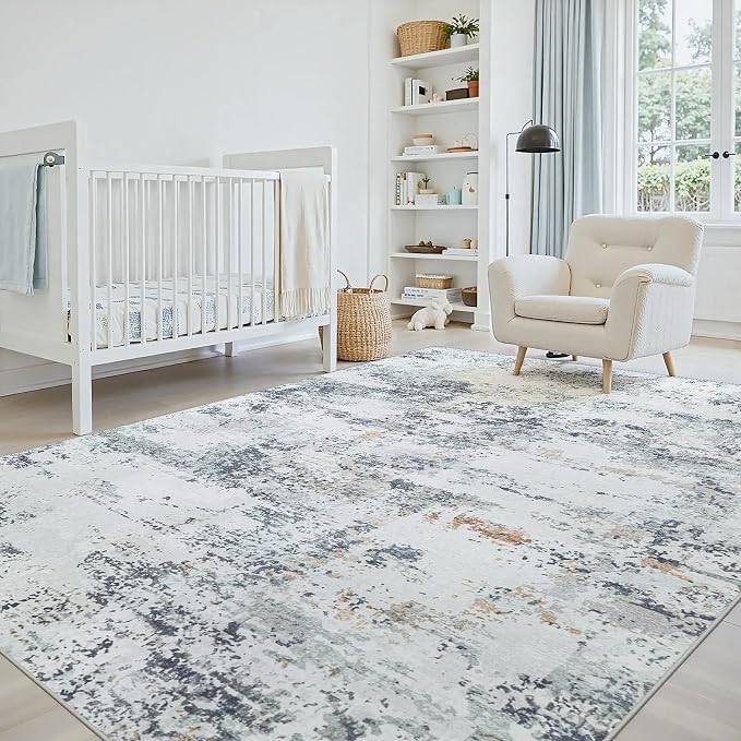 6x9 Area Rugs Living Room Rug Modern Abstract Neutral Washable Rugs Non Slip Soft Carpet Large Area Rug Low Pile Stain Resistant Non Shedding for Bedroom Nursery Dining Room Home Office Blue Grey