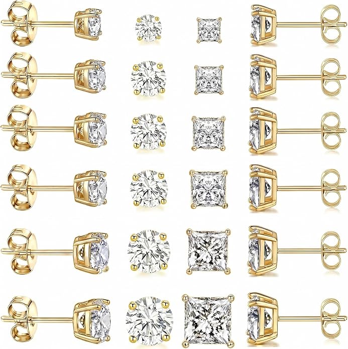 12 Pairs Stud Earrings Set, 3-8mm Cubic Zirconia Earrings for Women & Men 316L Stainless Steel Earring Hypoallergenic Small Earring Nickel Free