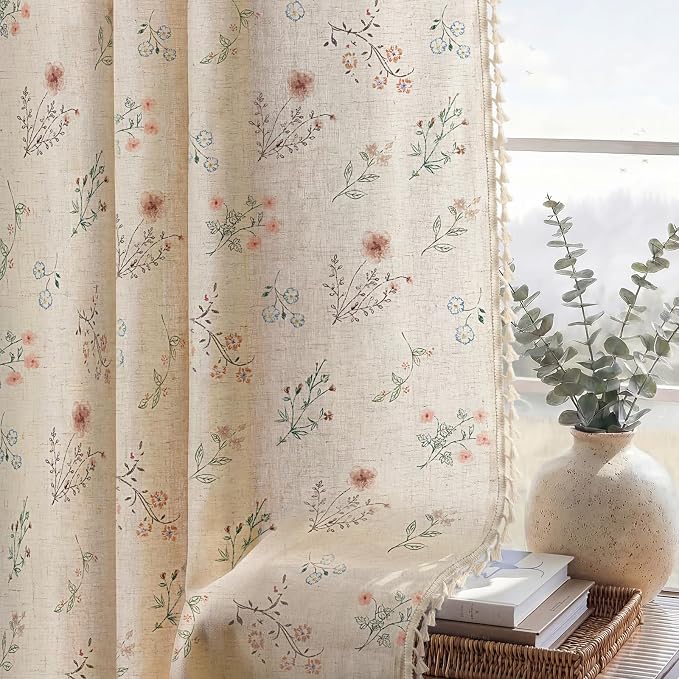 Boho Floral Spring Light Filtering Curtains 63 Inch Length 2 Panels Set, Farmhouse Semi Sheer Bedroom Living Room Vintage