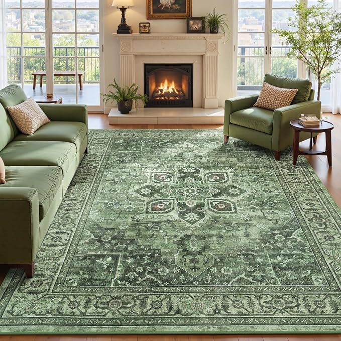 Sage Green 8x10 Vintage Large Area Rugs for Living Room - Farmhouse Boho Floral Aesthetic Distressed Moss Green Carpet, Soft Washable Low Pile Non-Slip Medallion Rug for Dining Room, Bedroom