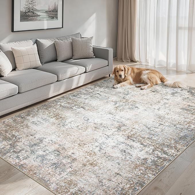 Area Rugs Living Room Rug - 5x7 Washable Modern Abstract Soft Neutral Non-Slip Carpet Large Indoor Floor Stain Resistant Thin Carpets for Bedroom Dining Room Farmhouse Nursery Home Office Brown Grey