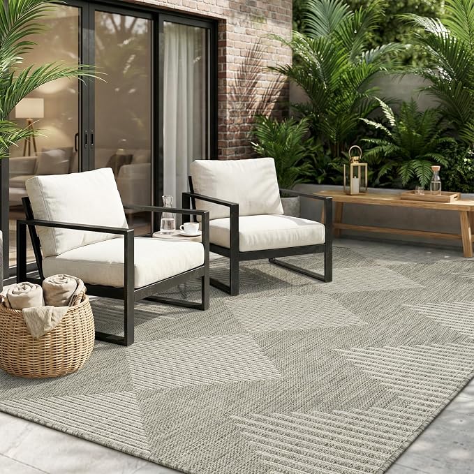 MontVoo-Outdoor Rug-Patio Rug 9x12 Polypropylene Indoor Outdoor Rugs Outdoor Carpet for Patio Deck Balcony Porch, Textured Weave, Durable for High Traffic, Fade-Resistant, Boho Geometric Silver Grey