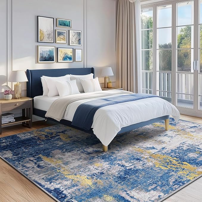 RELEANY Washable Area Rugs 10'x12' Non-Slip Modern Abstract Soft for Living Room Entryway Bedroom Kitchen, Print Pattern, Grey Blue Gold/Golden