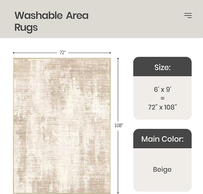 Valenrug Washable Rugs 6x9 - Ultra Thin Stain Resistant 6x9 Rugs for Living Room, Non Slip Backing 0.25" Low Pile Abstract Rugs for Bedroom, Folable Machine Washable Area Rug(6'x9', Beige)