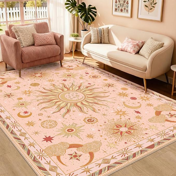 Vacuum-Friendly, 5x7 Washable Area Rug, Pink Gold Beige Red | Sun and Moon Boho Gothic Non-Slip Low Pile Living Roon Bedroom Dining Room Kitchen Entry Entryway Entrance Hallway Doormat