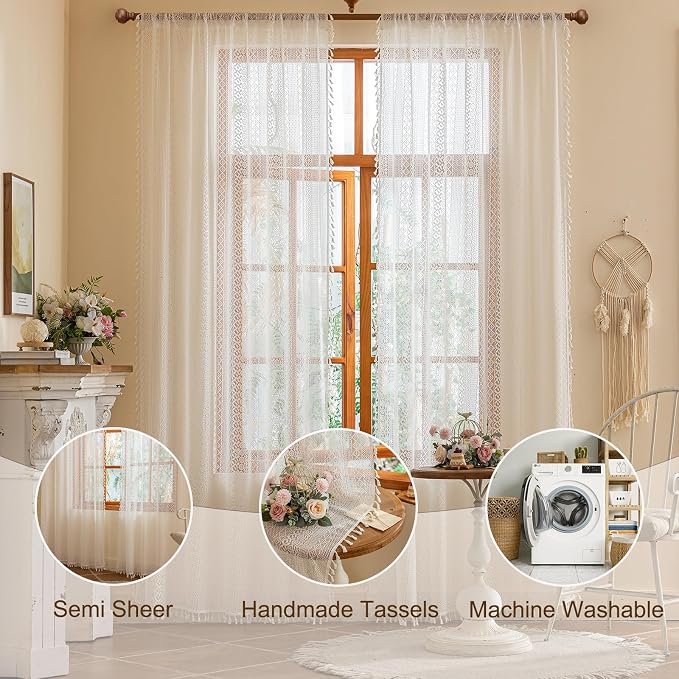 Sutuo Home Boho Lace Curtains 84 Inches Long for Bedroom&Living Room, Bohemian Crochet Privacy Farmhouse Vintage Chic Tassels Ivory Retro Window Sheer Curtains Decor Rod Pocket, 2 Panels 50" W,White