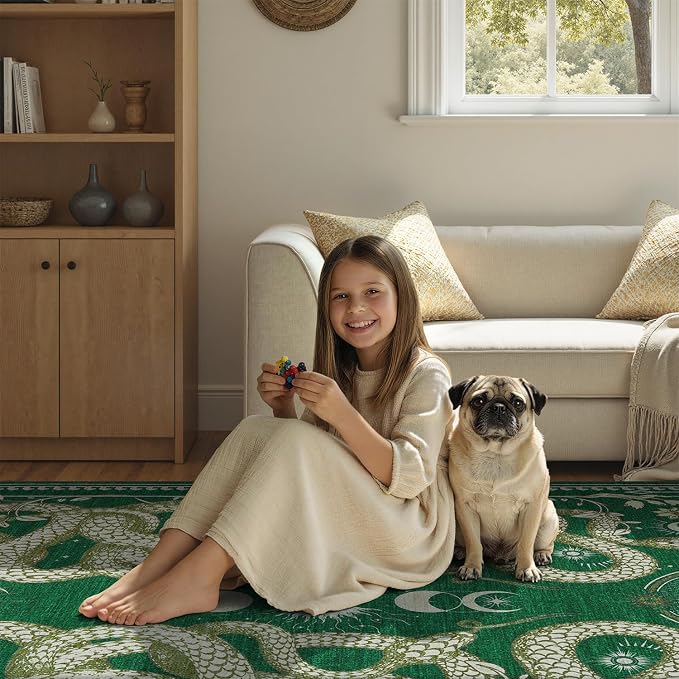 DCX Washable 6x9 Snake Rug, Green Gothic Rug for Living Room, Soft Low Pile Carpet, Kid & Pet Friendly with Rubber Back Non Slip, Stain Resistant Rug for Bedroom Dining Room Office