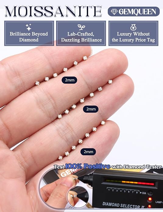 GEMQUEEN 6 Pairs 2-7mm Moissanite Earrings Studs 14K Gold Plated Stainless Steel Flat Back Earring for Women Men - Hypoallergenic Cartilage Helix Piercing Jewelry Brilliant Round Cut D Color VVS1 5.97CT