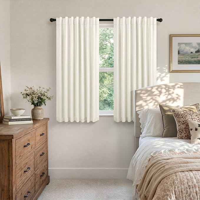 Short Blackout Curtains for Bedroom 45 Inch Length 2 Panels Faux Linen Cream Colored Cute Cottage Core Cafe Kitchen Bathroom Curtains for 42 Inch Small Window Heat Blocking Thermal Insulated Back Tab