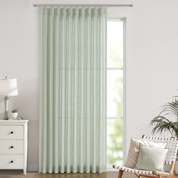 Vision Home Light Green Pinch Pleated Semi Sheer Curtains Textured Linen Blended Light Filtering Window Curtains 108 inch for Living Room Bedroom Patio Pinch Pleat Drapes with Hooks 9FT 60" Wx108 Lx1