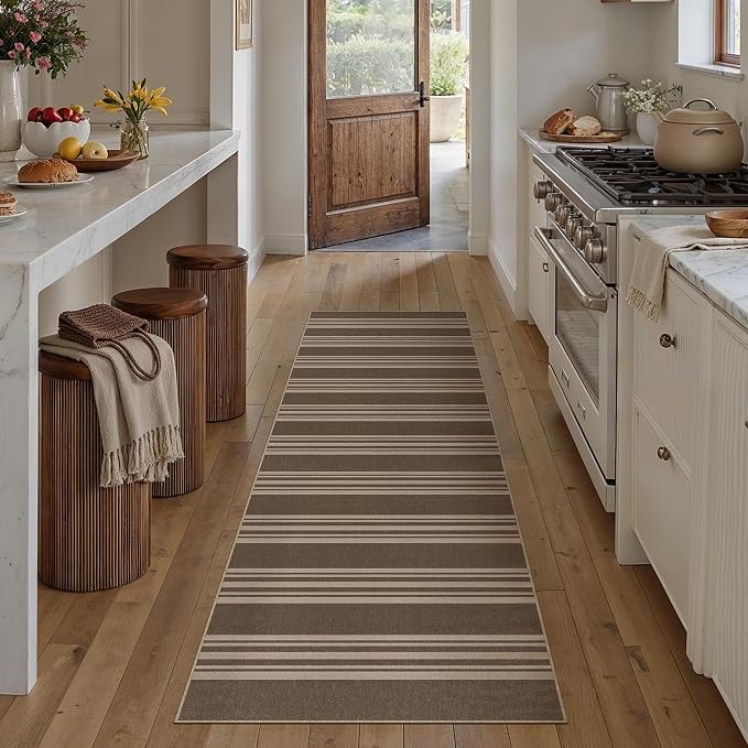PureCozy Washable Kitchen Runner Rug 2x8 Striped Jute Look Non Slip | 2'6"x8 Brown Stripe Farmhouse Design, Indoor Outdoor Hallway Runner for Entryway, Laundry Room and Kitchen, Non Shedding