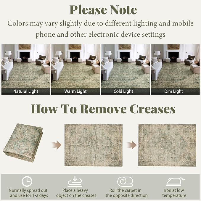 Machine Washable Rugs for Living Room: 9x12 Area Rugs for Bedroom Ultra Soft Non-Slip Low Pile Vintage Distress Boho Large Carpet for High-Traffic Dining Room - Farmhouse Decor