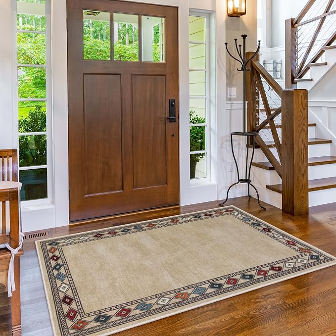 Lahome Modern Bordered Machine Washable Rug, Ultra-Thin Soft 3x5 Rugs for Entryway Bedroom, Non-Slip Stain Resistant Small Carpet for Laundry Entry (3'x 5',Beige)