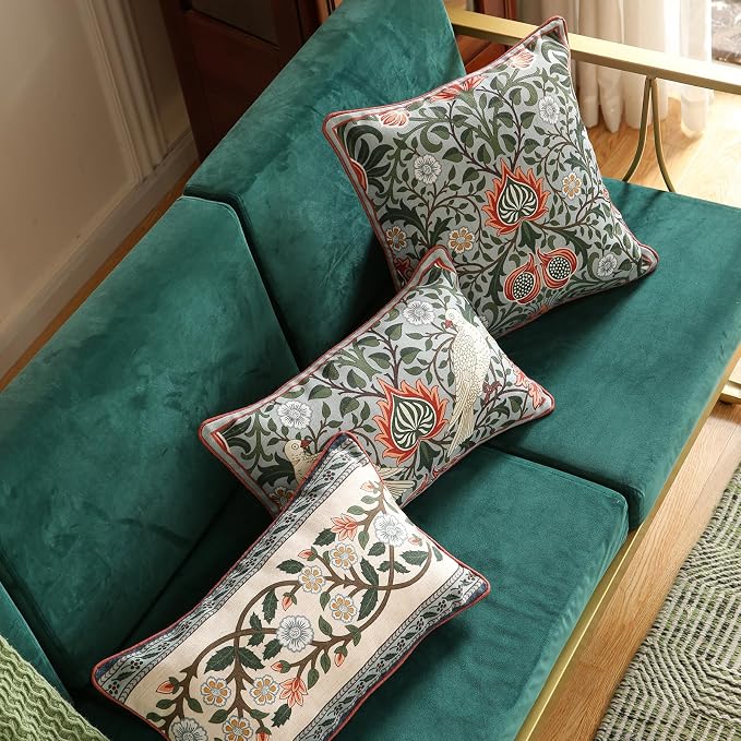 ISAENNE Vintage Linen Throw Pillow Cover,Set of 2,20"x12"-Naples C | Designer French Elegant Pillow Cover,Concealed Zipper Design,Floral Pattern,Sofa,Bedroom,Living Room,Lounge Chairs