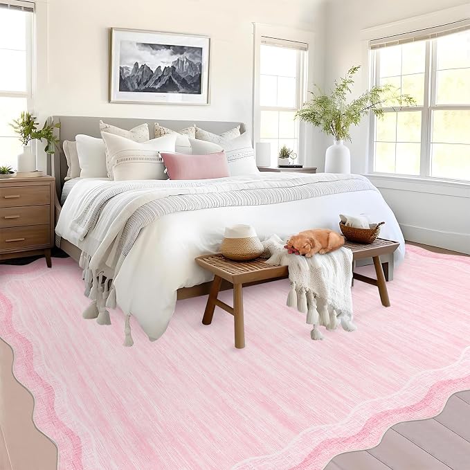 Garvee Scalloped 8x10 Rugs Washable Area Rugs for Living Room,Modern Stain Resistant Solid Rug for Bedroom, Scalloped Low Pile Non-Slip Neutral Rug for Farmhouse Dining Room Home Office Dorm,Pink | Rugs for Living Room, Non-Slip Soft Carpet for Bedroom...