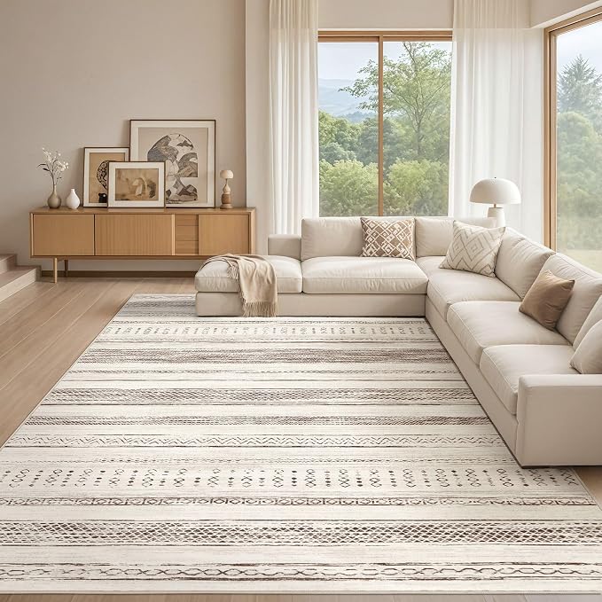Tortania Area Rug Living Room Rugs - 10x14 Washable Large Soft Neutral Boho Moroccan Bohemian Farmhouse Rug Indoor Floor Carpet for Bedroom Under Dining Table Home Office Decor - Beige