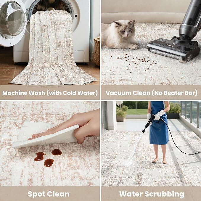 10x14 Area Rugs for Living Room Washable Rug: Anti-Skid Abstract Modern Living Room Rug Soft Thin Carpets Indoor Floor Non-Shedding Carpet for Bedroom Dining Farmhouse Nursery Home Office Beige White