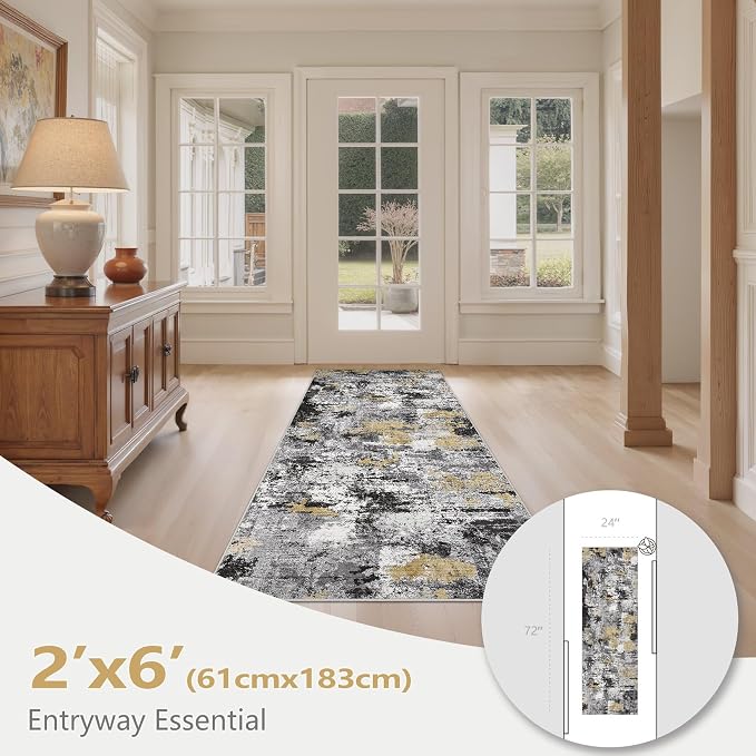 Abstract 2x6 Runner Rug: Machine Washable Non Slip Ultra Thin Low-Pile Carpet, Soft Stain Resistant for Hallway Kitchen Bathroom, Kid Pet Friendly, Robot Vacuum Compatible - Black Gold