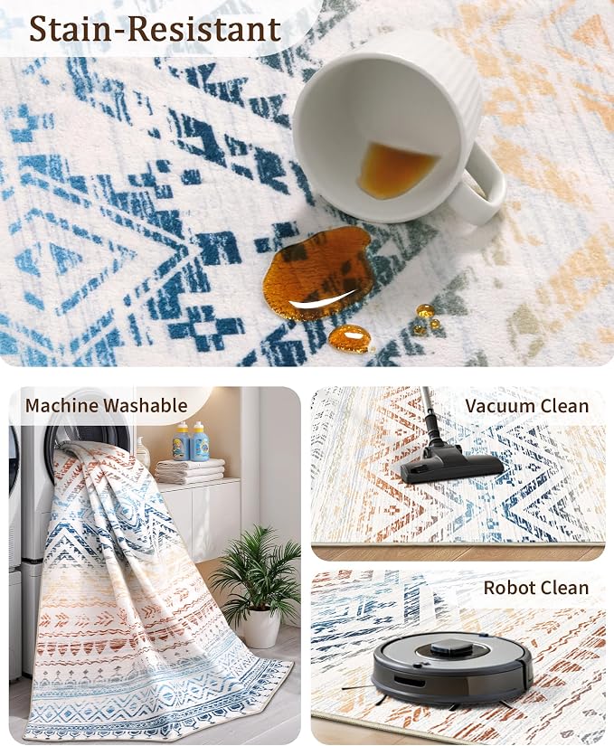 Miukiki 8x10 Area Rug for Living Room Moroccan Washable Rugs Non Slip Indoor Floor Carpet Foldable Large Soft Area Rug for Dining Room Bedroom with Low Pile(Colorful,8'x10')