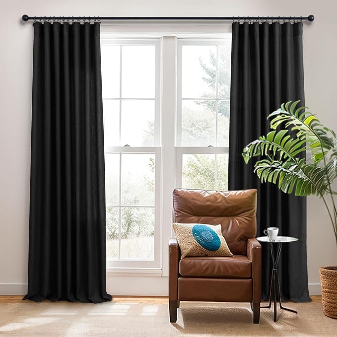 Modern Black Linen Curtains 96 Inches Long for Bedroom 2 Panels Set Back Tab Pocket Boho Drape Semi Sheer Lace Cotton Trendy Elegant Curtain for Living Room Bay Window Mid Century Halloween Decor 8 FT