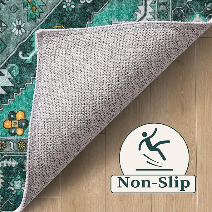 SERISSA 2x4 Boho Rugs for Entryway, Washable Non-Slip Kitchen Runner Rug, Ultra Soft Small Area Rug Vintage Teal Low-Pile Door Mat Indoor Entrance Carpet for Bedroom Hallway Laundry Room Bathroom