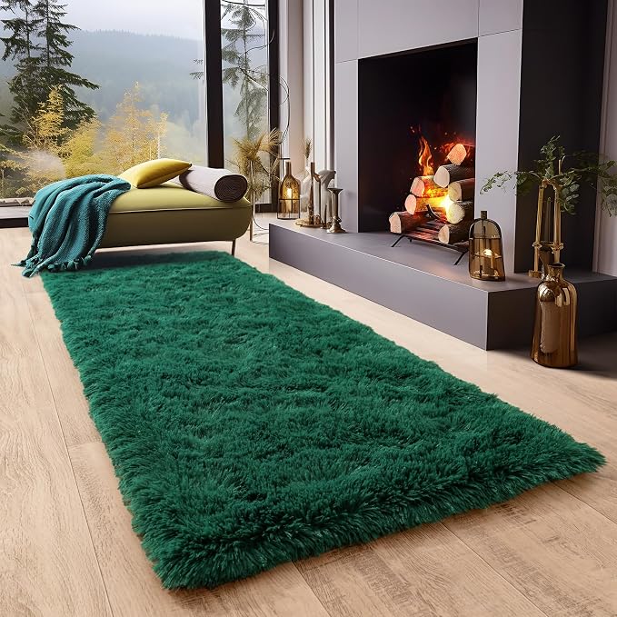 Dssimo 2x6 Dark Green Runner Rug for Bedroom Hallway Living Room | Soft Fluffy Shag Non-Slip Carpet for Kids,Girls Boys and Teens Decorations for Living Room Dorm Nursery Classroom