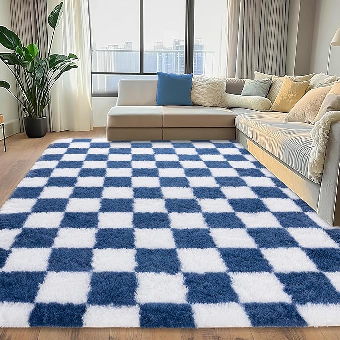 Checkered Rugs for Living Room, 6x9 Area Rug for Bedroom | Shaggy Shag Carpet, Soft and Comfy, Non Slip Big Fuzzy Carpet for Bedroom Nursery Kids Girls Boys Room Dorm Home Decor