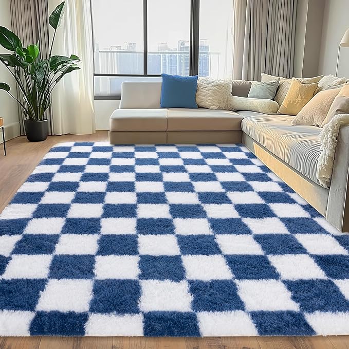 Checkered Rugs for Living Room, 5x7 Area Rug for Bedroom | Shaggy Shag Carpet, Soft and Comfy, Non Slip Big Fuzzy Carpet for Bedroom Nursery Kids Girls Boys Room Dorm Home Decor