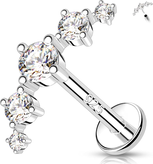 Melighting 16G Curved Helix Earring, Sterling Silver 925 Tragus Conch Stud Internally Threaded, Clear Marquise Round CZ Flat Back Lobe Labret Cartilage Piercing Jewelry for Women 6/8 mm