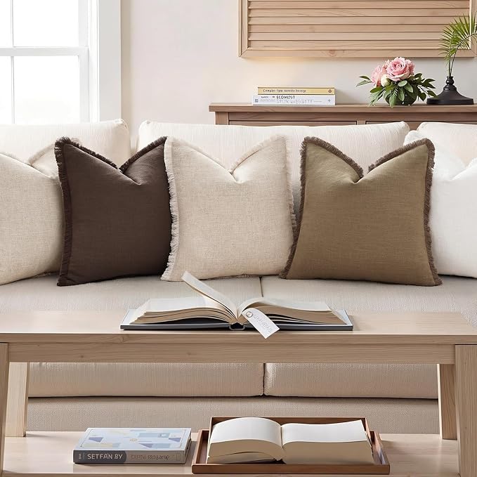 decorUhome Linen Fringe Chocolate Throw Pillow Covers 18x18 Set of 2 | Decorative Soft Accent Modern Boho Farmhouse Cushion Covers with Tassels Cotton Pillow Covers for Couch Bed Sofa