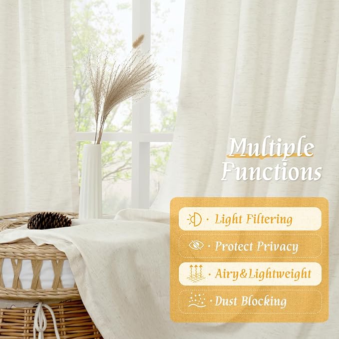 LAMIT Natural Linen Curtains 63 Inch Length for Bedroom, Light Filtering Semi Sheer Living Room Panels Farmhouse Boho Rod Pocket Privacy Drapes for Livingroom, 2 Panels (42 x 63 Inch, Cream)