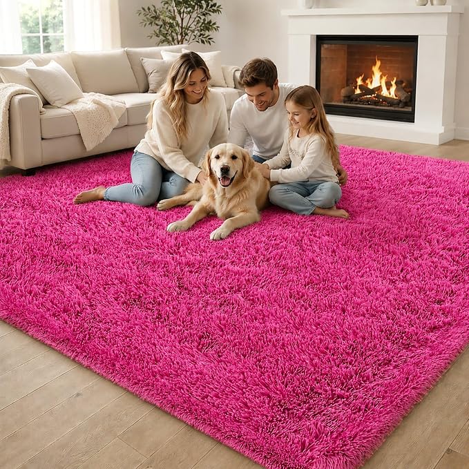 Area Rugs 9x12 Living Room, Large Area Rug Shaggy Carpet Soft Plush Furry Bedside Rug, Machine Washable Area Rugs for Bedroom Home Decor Non-Slip(9 x 12, Hot Pink)