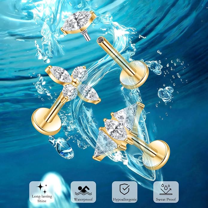 limerencia Titanium Internally Threaded Flat Back Earrings, 3 Pcs Implant Grade Hypoallergenic Studs, 18G Tragus Helix Conch Cartilage Piercing Jewelry for Sensitive Ears Women Men, Gold/Silver