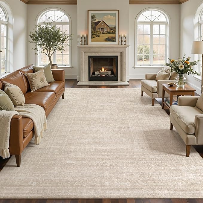 Nakagishi 12x15 Area Rugs Living Room: Washable Large Vintage Rug Neutral Non-Slip Soft Stain Resistant Indoor Carpet for Bedroom Nursery Dining Room Office Playroom - Beige