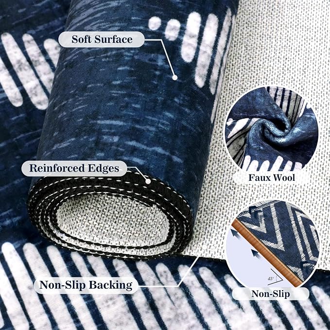 Boho Washable Rugs 6x9ft for Living Room, Navy Blue Low Pile Bedroom Area Rugs Non Slip, Moroccan Soft Kids Nusery Area Floor Carpets for Dining Room Playroom Kitchen Home Office Decor