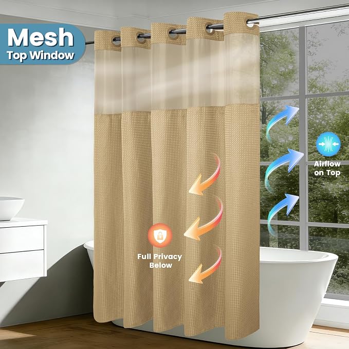 EUTXL Heavyweight Beige Long No Hook Shower Curtain with Snap in Liner,256GSM Waffle Weave Shower Curtains for Bathroom,71W x 86H