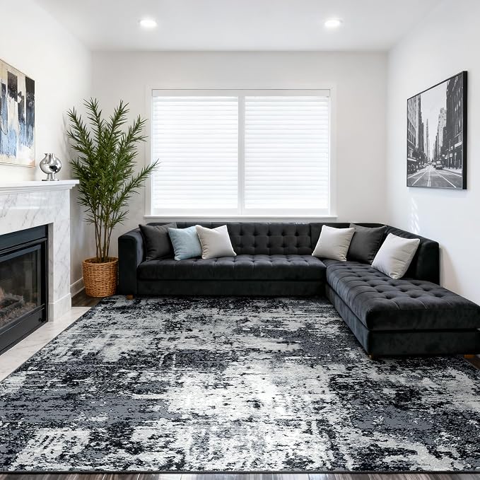 RELEANY Washable Area Rugs 10'x14' Non-Slip Modern Abstract Soft for Living Room Entryway Bedroom Kitchen, Print Pattern, Black Navy Blue Gray