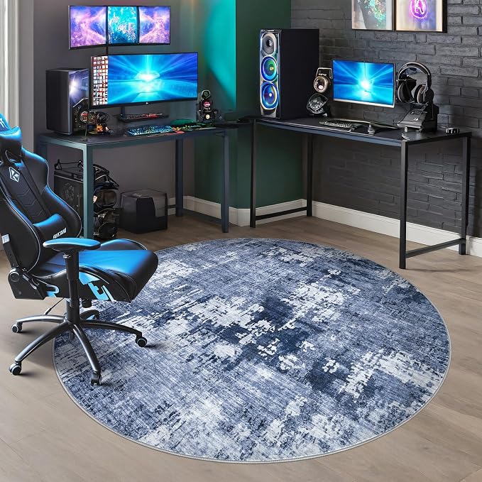 DMOYEST 6ft Round Area Rug Living Room Rugs - 6x6 Washable Large Soft Indoor Neutral Modern Abstract Low Pile Rug Carpet for Bedroom Dining Room Farmhouse Home Office - Navy Blue
