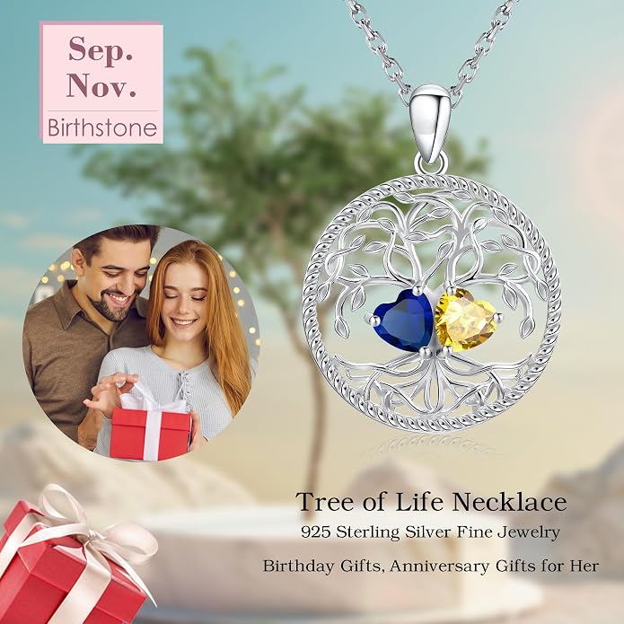 Mothers Day Gifts for Women，925 Sterling Silver Family Tree of Life Pendant Necklaces with 2 Heart Birthstone Jewelry Birthday Anniversary Christmas Gifts for Her Girlfriend Mom Wife Grandma Daughter