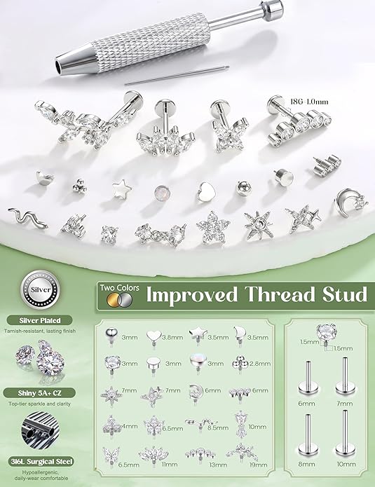 Flat Back Stud Earrings for Women Hypoallergenic Surgical Steel Internal Thread CZ Stud Piercing Jewelry for Tragus Helix Conch Cartilage 14K Gold/Silver Plated Nose Lip Labret Medusa Piercing 16G 18G