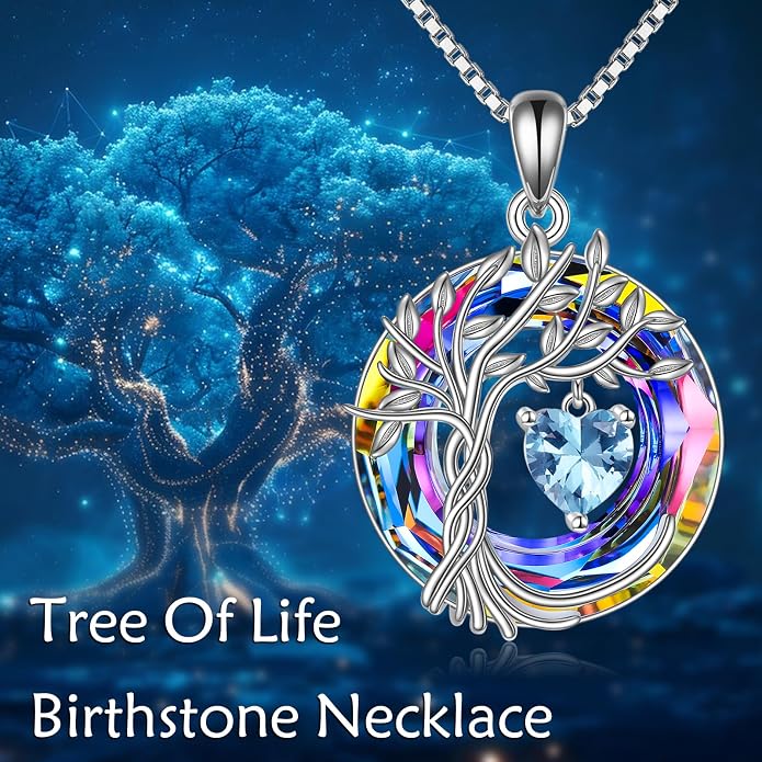 POPLYKE Mothers Day Gifts for Mom Her Wife Tree of Life Necklace 925 Sterling Silver Birthstone Pendant with Crystal Anniversary Birthday Wedding Jewelry for Women