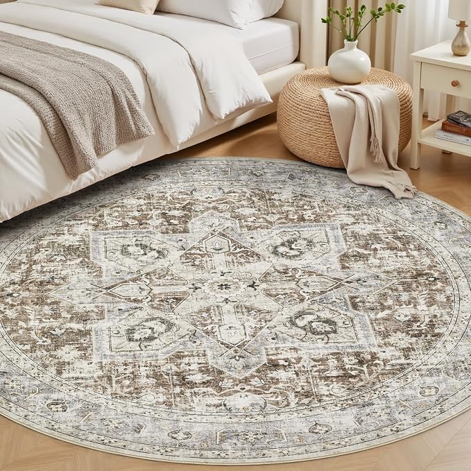 Tortania 6' Round Area Rug Living Room Rugs - Washable Boho Rug Vintage Oriental Distressed Farmhouse Large Thin Indoor Carpet for Bedroom Under Dining Table Home Office - Brown Blue