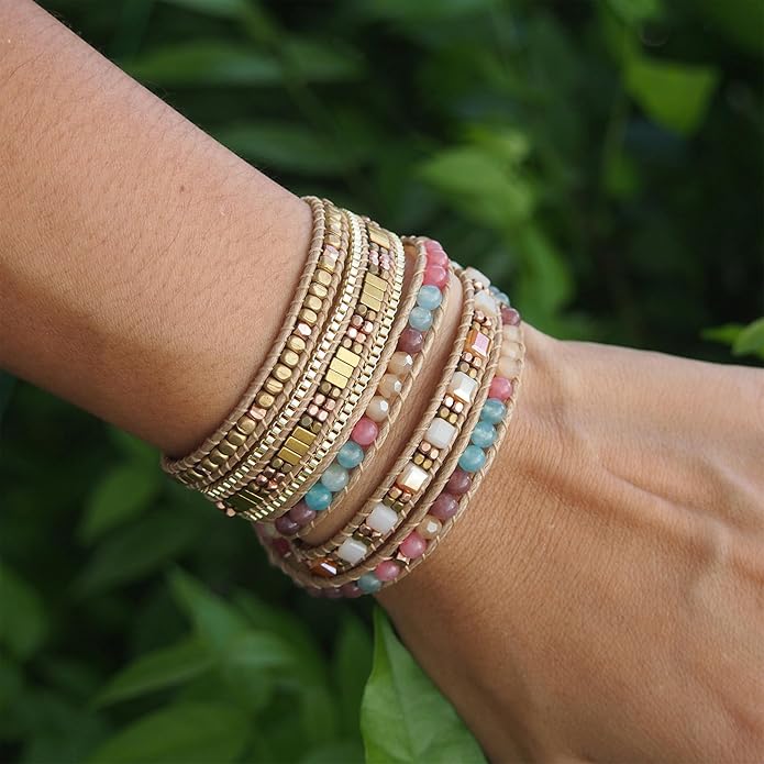 Plumiss Women Boho Handmade Natural Stone Crystal Leather Bead Wrap Bracelets Collection