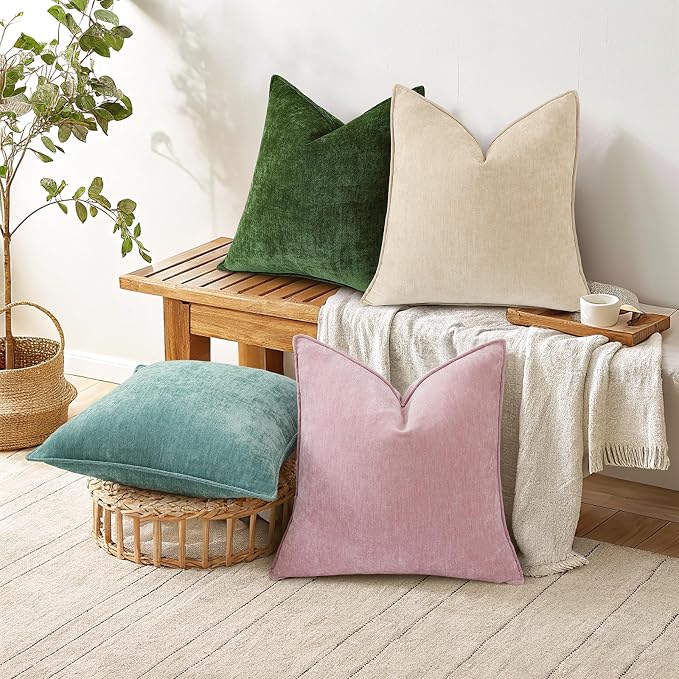decorUhome Chenille Beige Velvet Throw Pillow Covers 16x16 Set of 2 | Fall Soft Couch Decorative Modern Farmhouse Pillow Cases with Elegant Design for Sofa Bed Living Room Home Decor