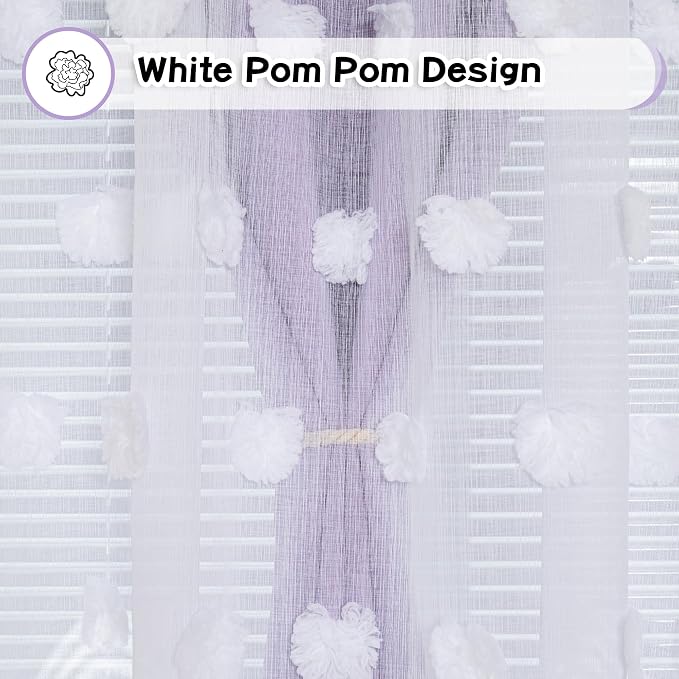MYSKY HOME Purple Curtains for Girls Bedroom Nursery Curtain with White Pom Pom Sheer Window Drapes for Kids Room Back Tab Room Darkening Double Layer 54 Inches, Lilac, 52 x 54 Inch, 2 Panels